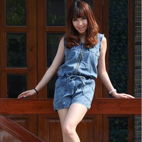 Free Shipping 2012 Summer Wear New Waist Smoke Rope Harness Short Sleeve Conjoined Twin Shorts Fashion Joker Jeans