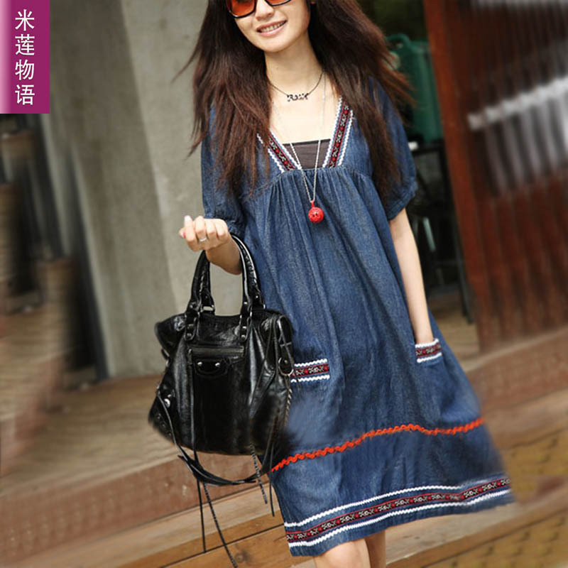 Free Shipping! 2012 Summer Women Plus Size Cotton Denim V-Neck Loose Waist Dress Size L/XL/2XL/3XL/4XL/5XL D0623#