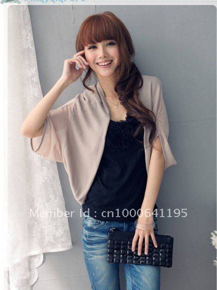 Free Shipping 2012 summer women's new Korean Style Loose bat sleeve shawl chiffon splice jacket Shirt waistcoat Wholesaler