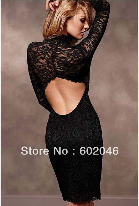 Free shipping 2012 super sexy backless open lace sexy long-sleeved of large size dress