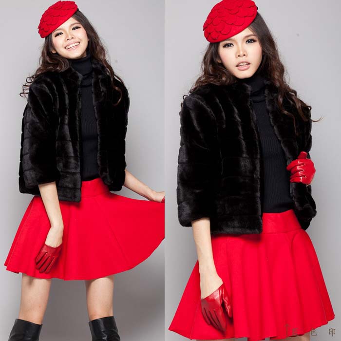 free shipping 2012 sweet gentlewomen noble elegant three quarter sleeve black faux fur short jacket 0006