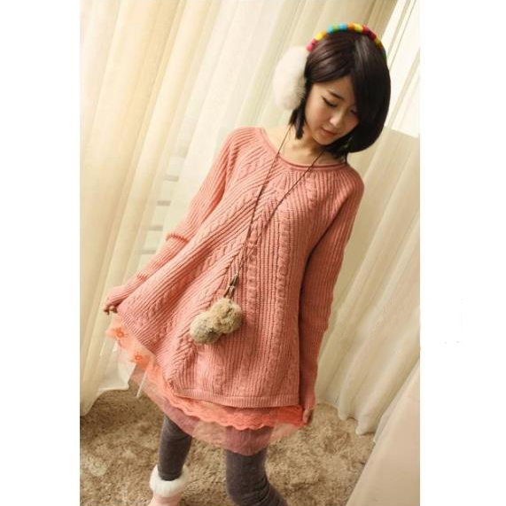 Free  shipping, 2012 sweet lace decoration knitted twisted medium-long basic sweater loose female outerwear