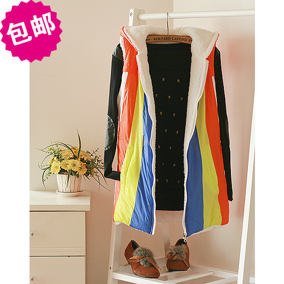 Free shipping 2012 sweet preppy style stripe thickening berber fleece with a hood medium-long cotton vest