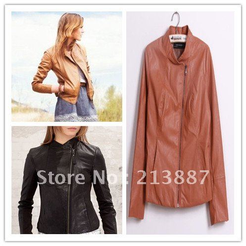 Free shipping  2012 The simple version of the pockets on both sides  semi-oblique zipper leather jacket