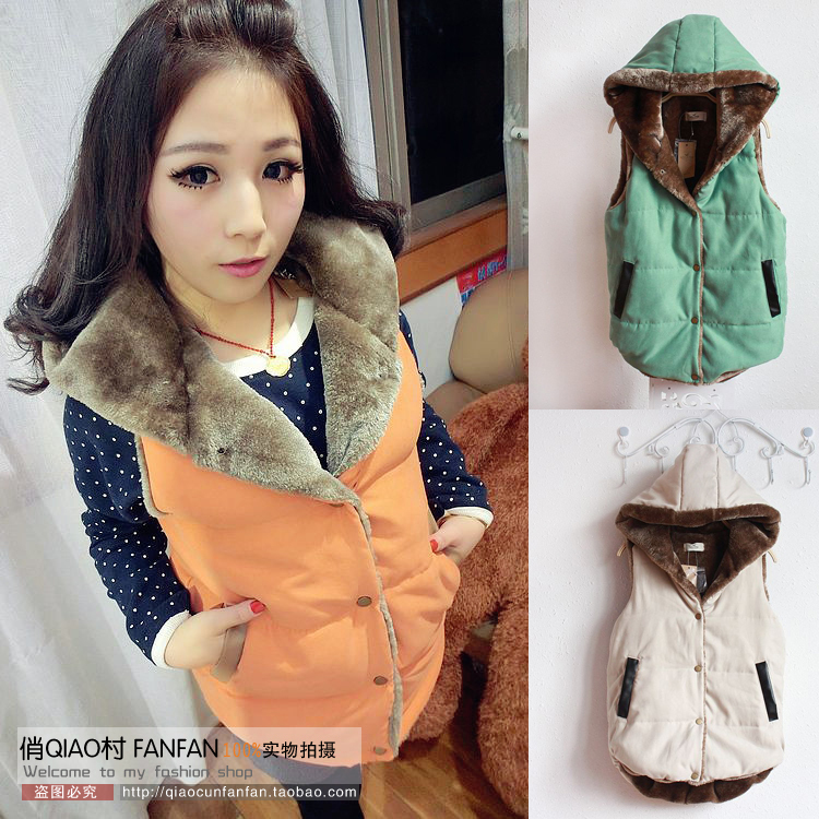 Free shipping 2012 thermal vest female PU patchwork thickening coral fleece hooded vest cotton vest