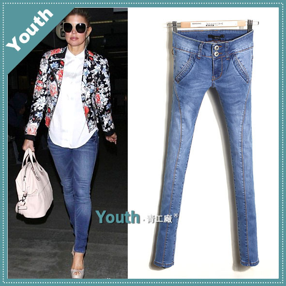 free shipping 2012 three-dimensional midsweet xiecha bags Blue wearing white Women denim internality ankle length trousers