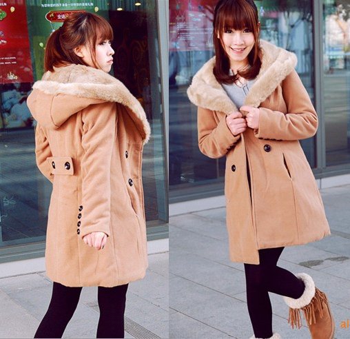 Free shipping! 2012 trench plus cotton wool coat double breasted thickening outerwear long design rabbit fur collar overcoat