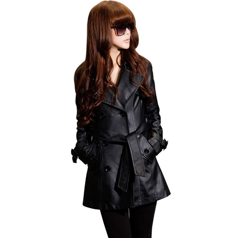 free shipping 2012 turn-down collar long-sleeve ol medium-long trench women's spring and autumn leather coat