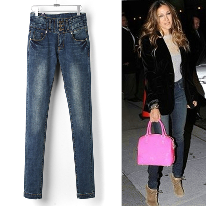 Free shipping, 2012 vintage high waist buttons jeans female skinny pants denim female trousers