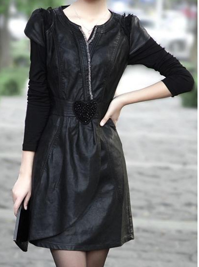 Free shipping 2012 water washed leather PU patchwork one-piece dress slim hip water washed leather one-piece dress