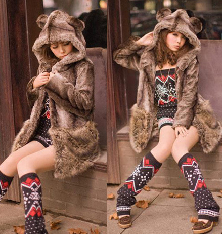 Free Shipping 2012 winter bear with a hood faux design long overcoat outerwear 11952 LDX