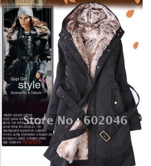 Free Shipping 2012 winter Faux fur lining women's winter warm long fur coat jacket clothes wholesale +belt