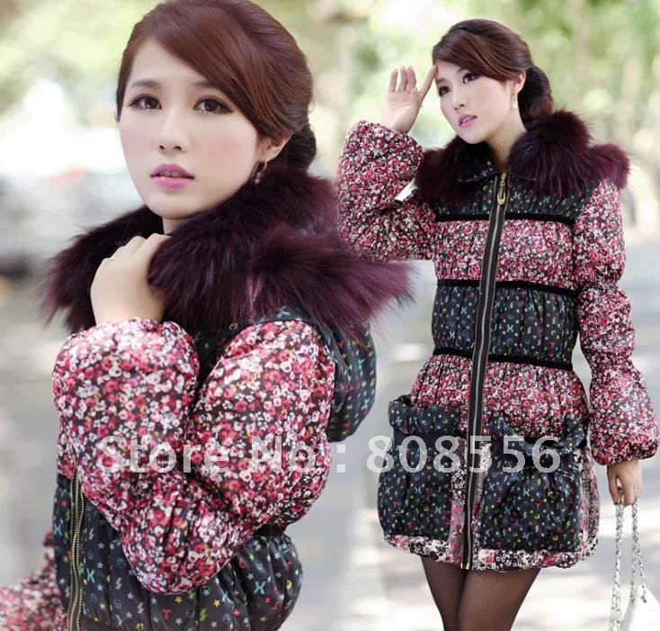 Free shipping 2012 winter Floral pattern Women's down jacket coat dress keep warm coat