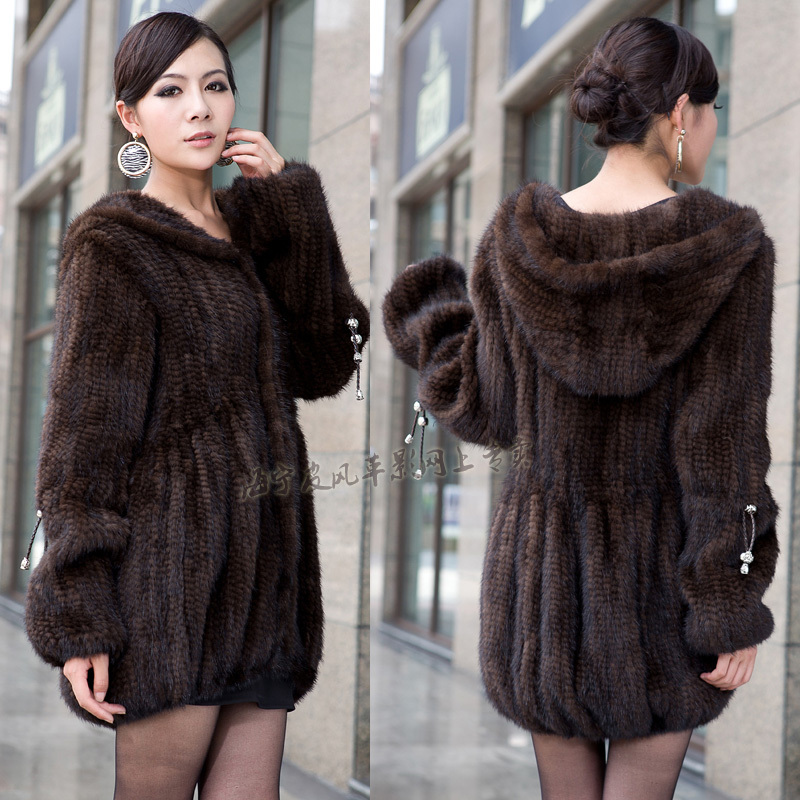 Free shipping 2012 winter hooded mink hair knitted fur coat ladies loose mink fur clothes