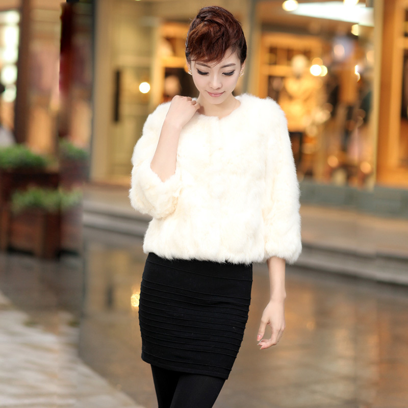 free shipping 2012 winter o-neck high quality rex rabbit hair solid color short design fur coat three quarter sleeve fur cape