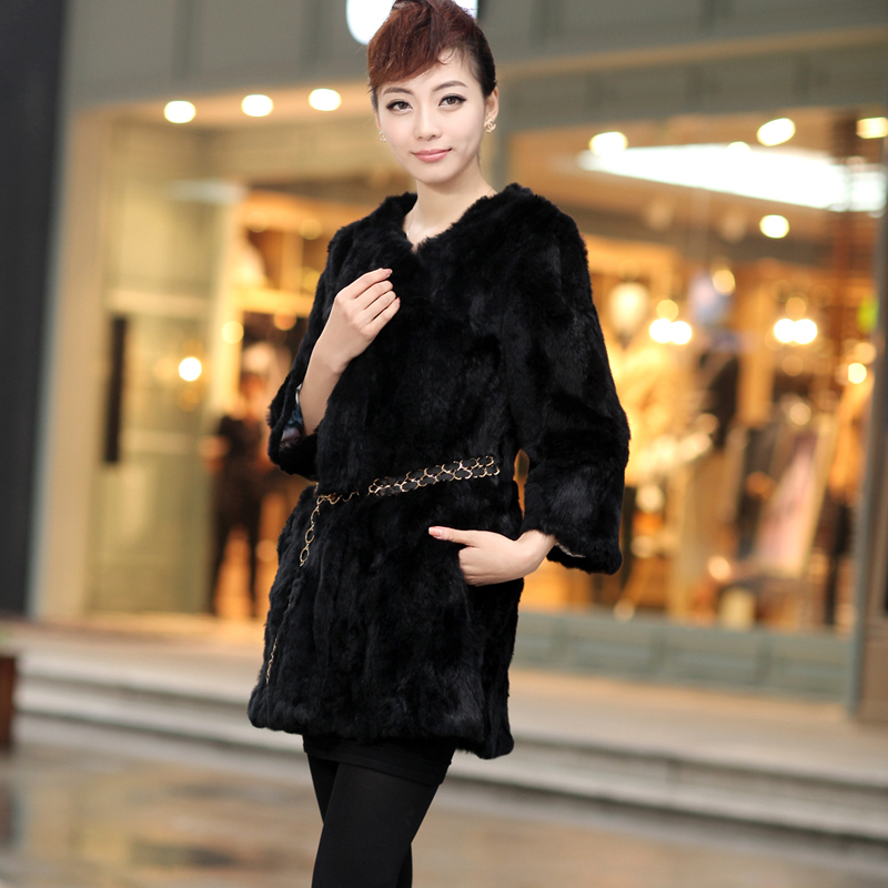 free shipping 2012 winter o-neck rex rabbit hair wrist-length sleeve medium-long belly chain fur coat solid color fur trench