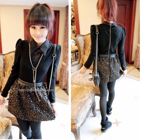 FREE SHIPPING/ 2012 winter peter pan collar top metal color circle wool slim hip one-piece dress