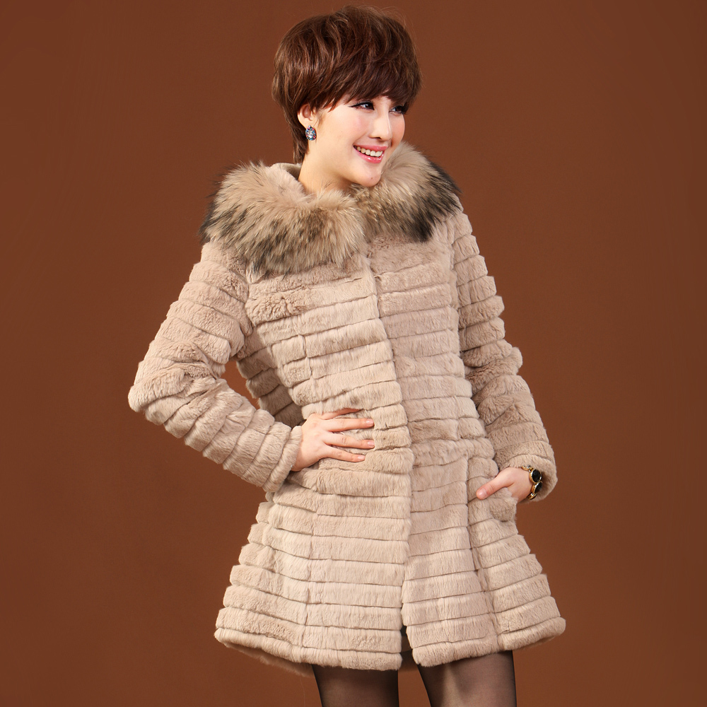 free shipping 2012 winter rabbit fur coat raccoon fur medium-long