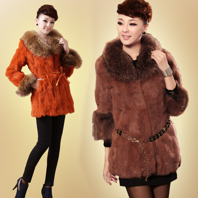 Free shipping 2012 winter raccoon fur rabbit fur three quarter sleeve fur women's medium-long outerwear