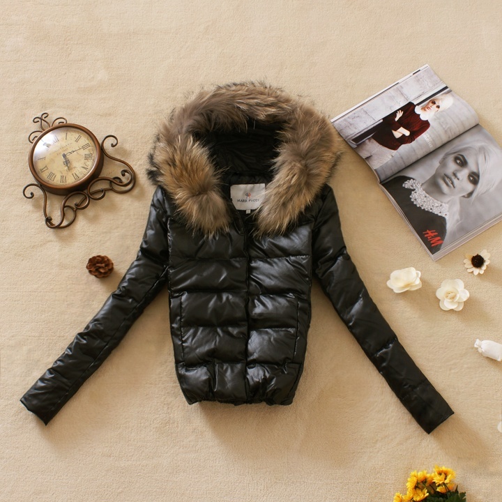 free shipping 2012 winter raccoon large fur collar fashion Women short design slim PU down coat