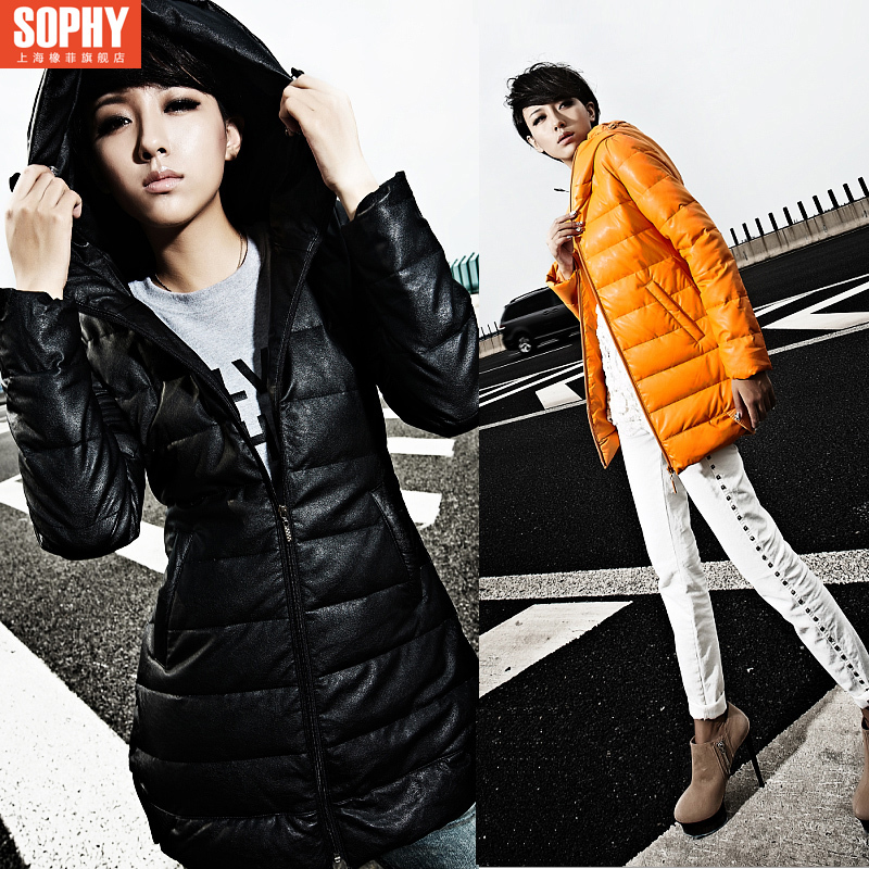 free shipping 2012 winter trend thin down coat women's medium-long slim PU leather coat