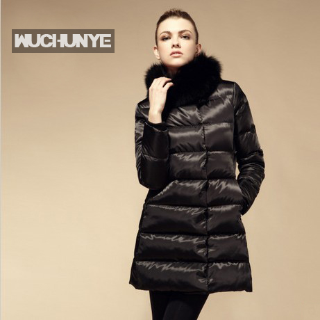 Free shipping ,2012 winter women's down coat fox fur black thick slim stand collar medium-long down coat