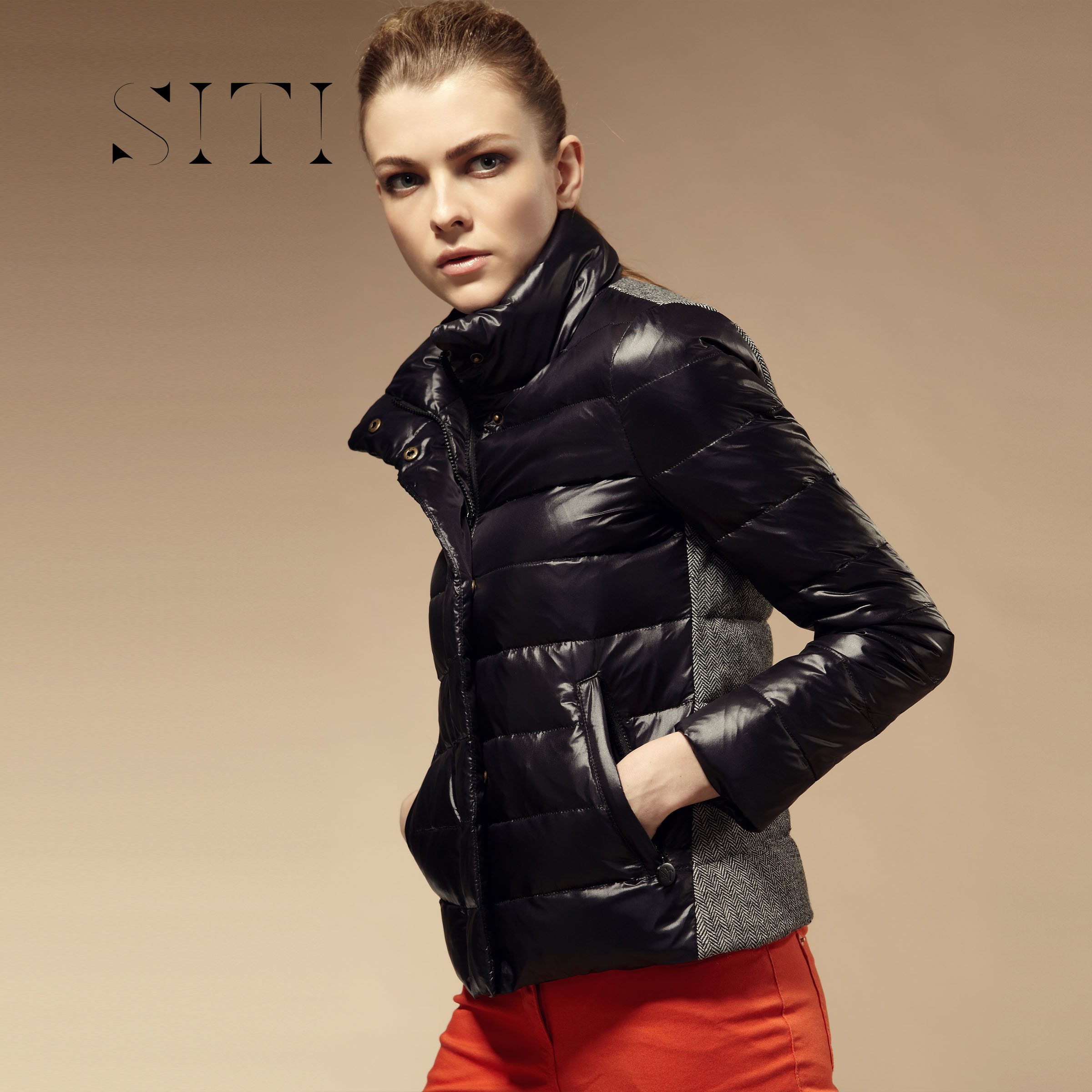 Free shipping, 2012 winter women's siti short design color block down coat