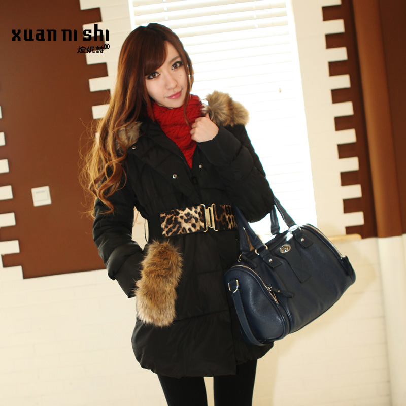 Free Shipping 2012 winter women's wadded jacket slim medium-long fur collar outwear