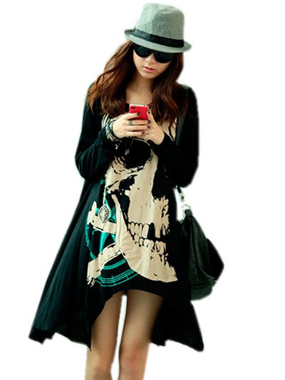 free shipping 2012 women autumn new fashion plus size loose skull print long design t shirts tops ladies sexy mini dress 289