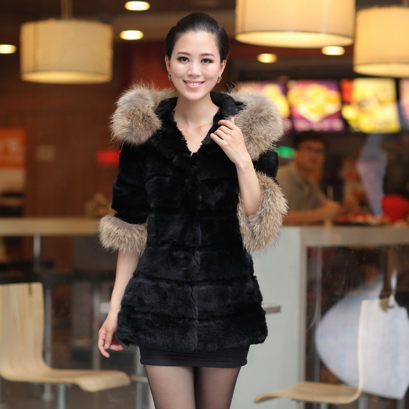 Free shipping 2012 women coat  big 7 rabbit hair fur ultralarge raccoon fur hooded outerwear fur  k957