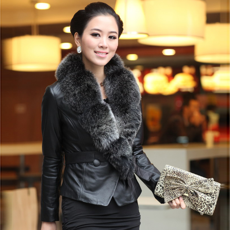 Free shipping 2012 women coat  big detachable ultralarge fox fur cotton-padded genuine leather clothes  b609b