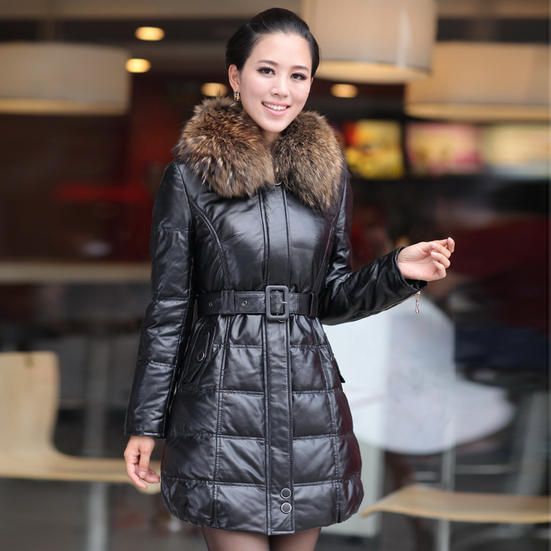 Free shipping 2012 women down jacket  big genuine leather clothes  women's down coat raccoon fur slim belt paragraph  k907