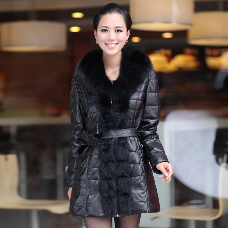 Free shipping 2012 women down jacket Genuine leather clothes  women's down coat large fox fur slim belt medium-long  k906