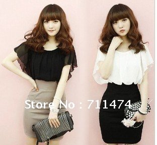 Free shipping 2012 women fashion Chiffon dress,contrast color , white with black,black with gray