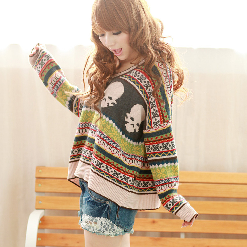 Free Shipping  2012 Women Fashion  Skull Multicolour Jacquard V-neck Sweater Coat