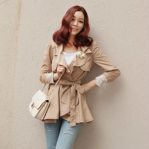 Free Shipping 2012 Women  Formal Solid Color Turn-down Collar Ruffle Trench Outerwear 0213#