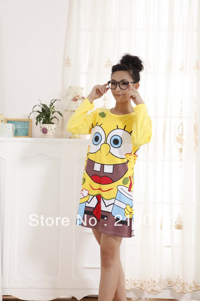 Free shipping ! 2012 Women Full Nightgowns cartoon SpongeBob SquarePants female lovely ! hot sale fall and winter Pajamas