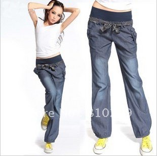 free shipping 2012 women new fashion clothing black blue loose elastic waist long trousers jeans denim pant+polka dot belt 086