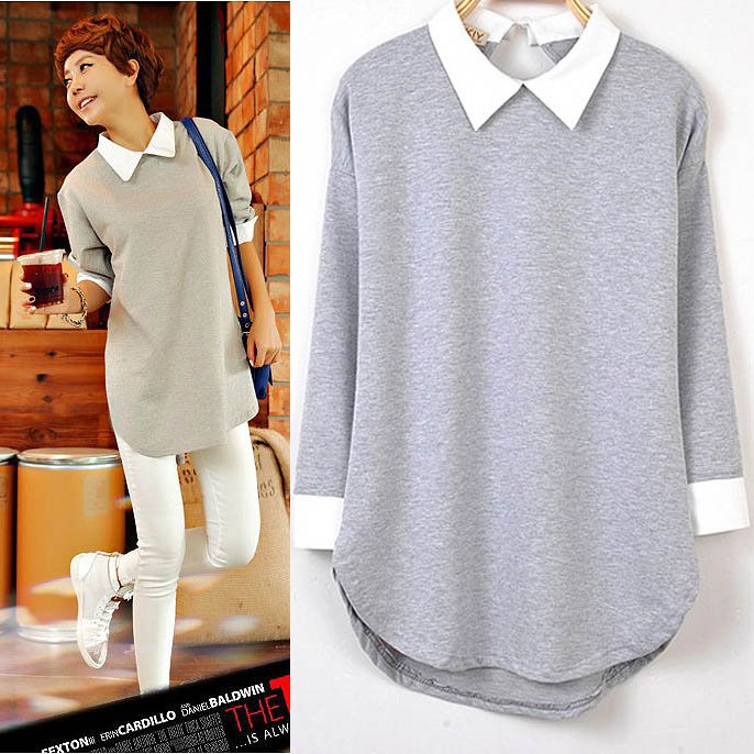 Free Shipping 2012 women peter pan collar shirts fashion loose long leeve t shirt cotton casual blouses S2489 Grey