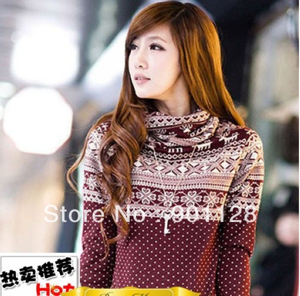 Free Shipping 2012 Women Pullover Knitted Sweater Turtleneck Slim with Deer Snowflake Pattern Christmas Warmly Sweater A1020