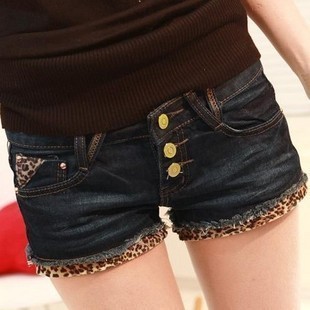 Free shipping-2012 women's all-match leopard print multi-button denim shorts womens