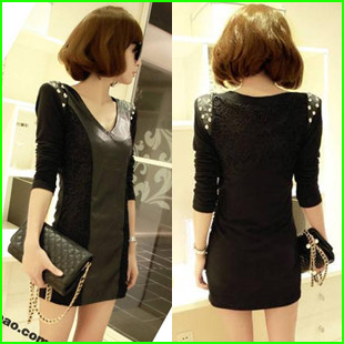 Free shipping 2012 women's basic skirt female lace faux leather patchwork short one-piece dress Women