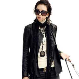 Free shipping! 2012 women's black motorcycle short design leather clothing jacket outerwear