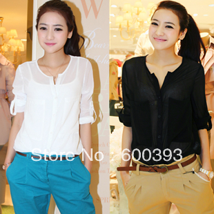 Free shipping 2012 Women's blouses top long-sleeve chiffon t- shirt transparent sexy basic shirt