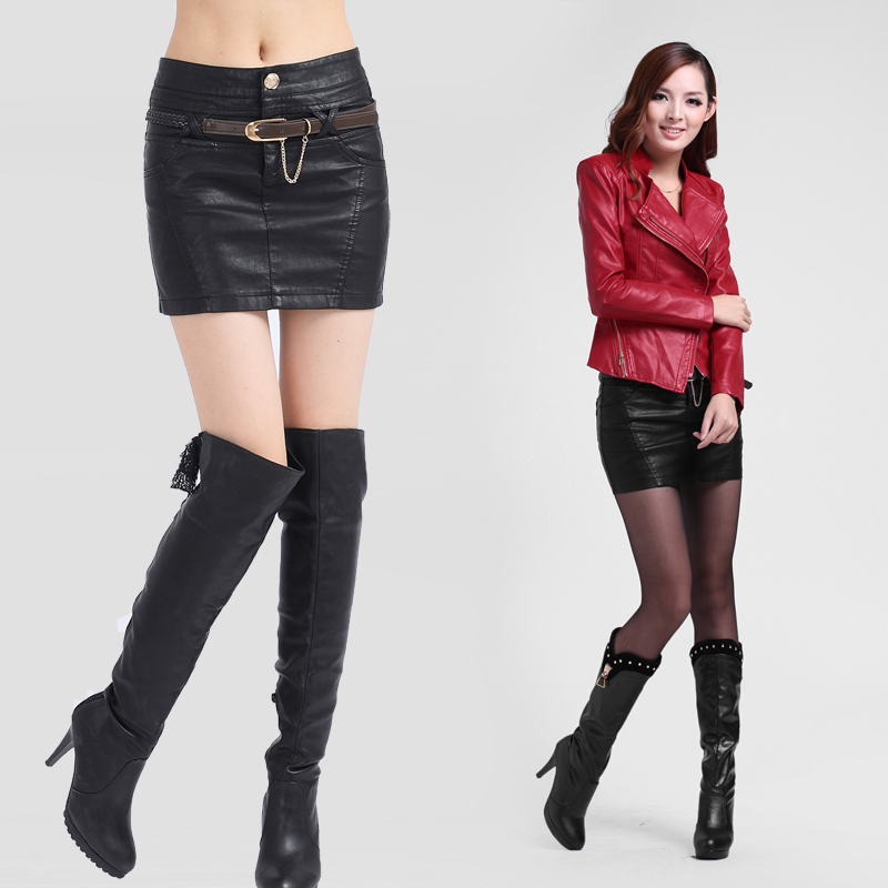 free shipping 2012 women's bust skirt PU short skirt water washed leather plus size slim hip leather skirt