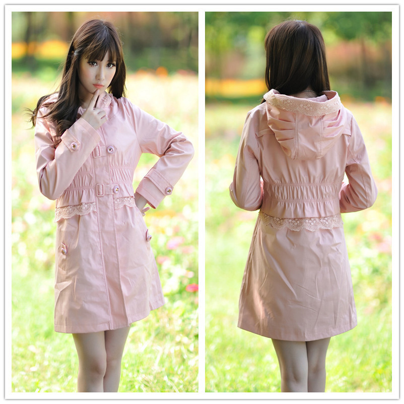 free shipping 2012 women's button lace decoration trench long design pleated trench outerwear all-match