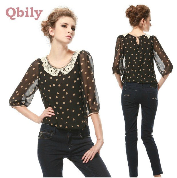 Free shipping-2012 women's casual half sleeve loose plus size neck lace decorated polka dot chiffon shirts chiffon blouses S M L