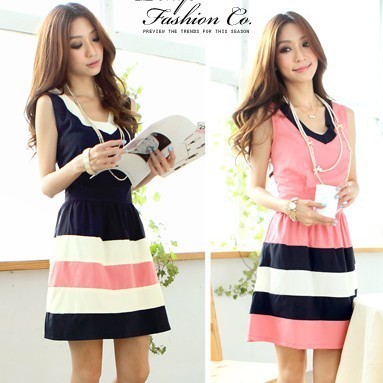 Free Shipping!2012 women's chiffon V-neck contrast color women's slim waist sleeveless vest one-piece dress