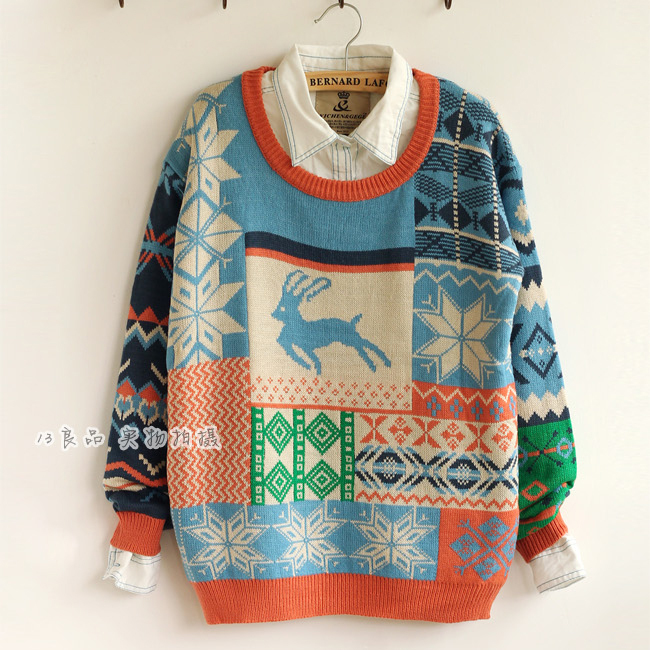 Free shipping, 2012 women's christmas color block onta thick sweater female long-sleeve loose sweater 09