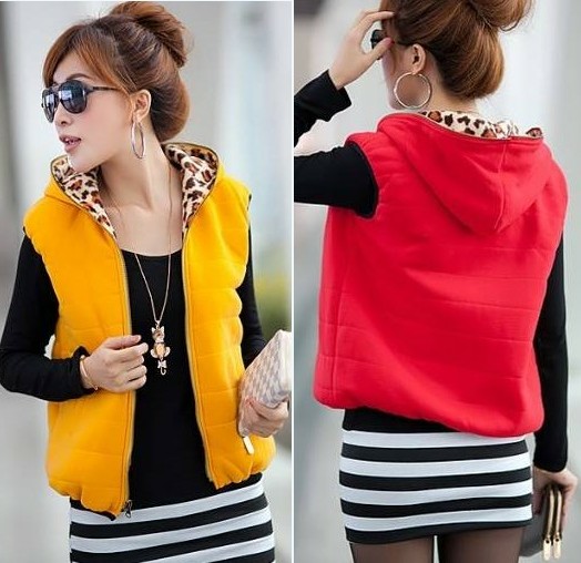 free shipping 2012 women's cotton vest female fashion hooded reversible leopard print vest female cotton vest